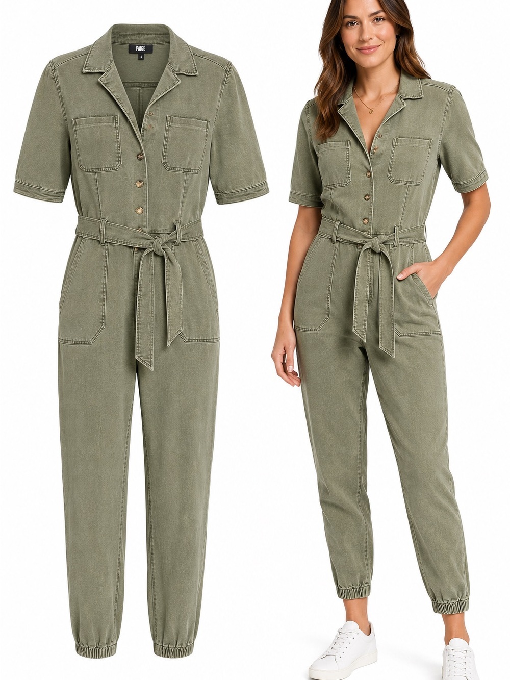 PAIGE Olive Utility Jumpsuit | Size 8 | Belted Denim One Piece